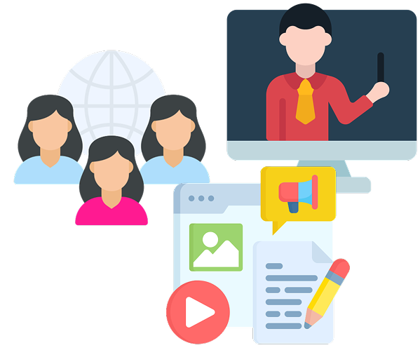 Ilustração representando educação online: quatro pessoas à esquerda em frente a um globo, um professor em uma tela de computador no canto superior direito, e abaixo elementos gráficos como imagem, vídeo, texto com lápis e um ícone de megafone. A imagem sugere ensino a distância e comunicação digital.