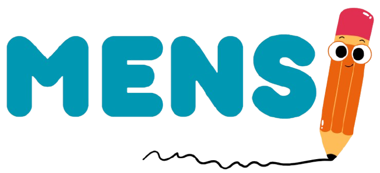 A imagem é um logotipo com a palavra 'MENSI' escrita em letras maiúsculas e arredondadas, de cor azul. A última letra 'I' é substituída por um lápis desenhado de forma divertida e humanizada.Esse lápis tem olhos grandes, um sorriso simpático e está usando uma borracha rosa no topo, como se fosse um chapéu. A ponta do lápis está apontada para baixo, como se estivesse escrevendo. Abaixo dele, há uma linha ondulada preta, sugerindo que ele acabou de escrever 'me ensina'